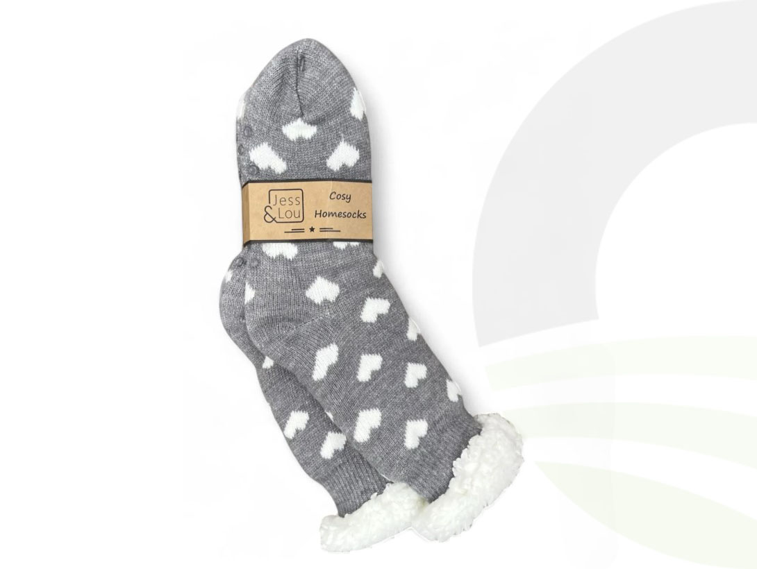 Jess & Lou Grey Hearts Slipper Socks