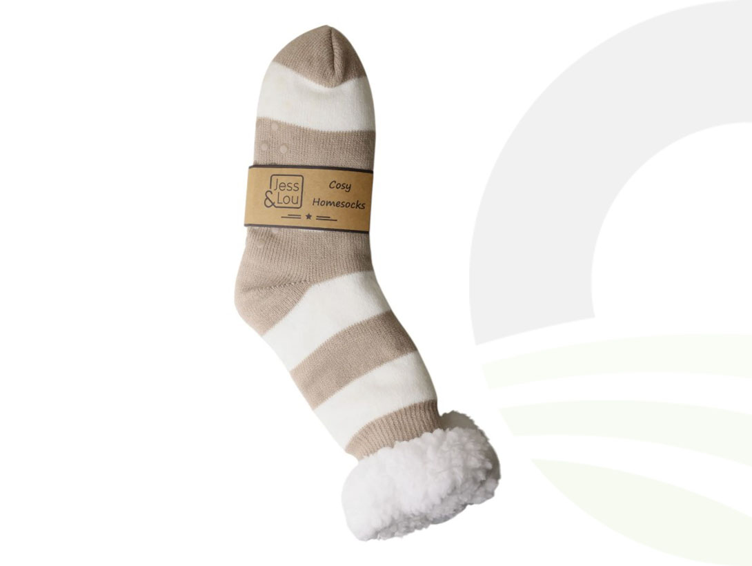 Slipper Socks Taupe White Stripe