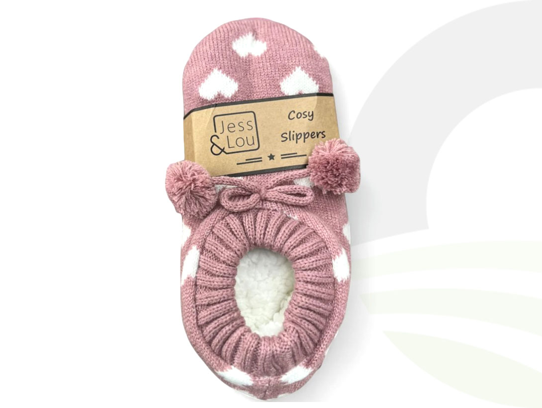 Jess & Lou Pink White Heart Slippers