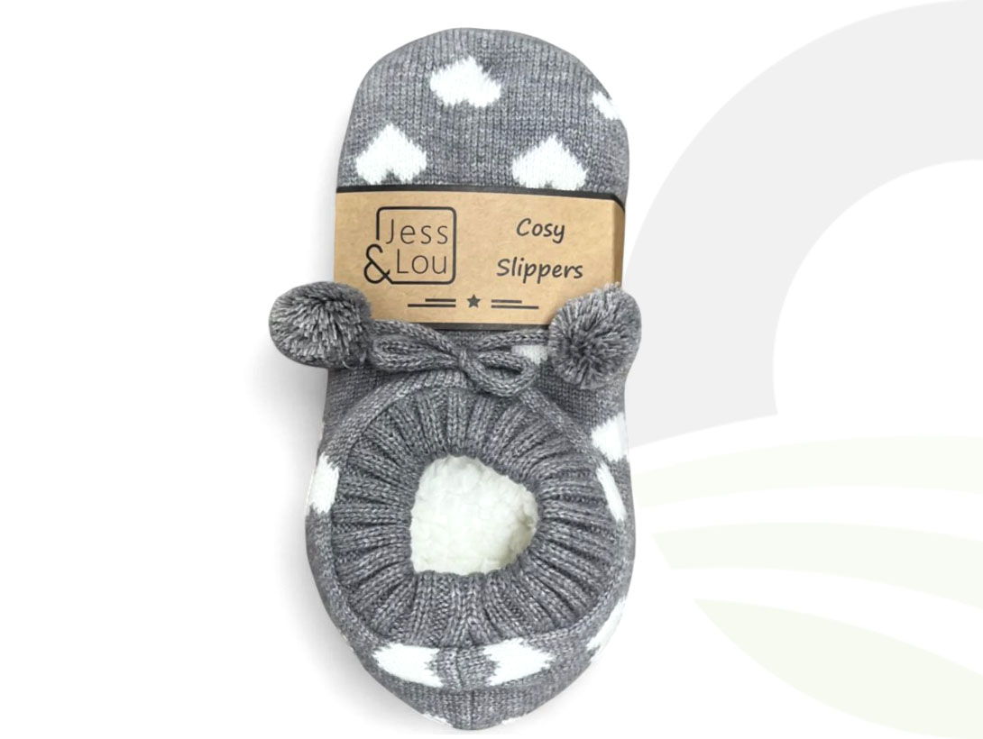 Jess & Lou Grey White Hearts Slippers
