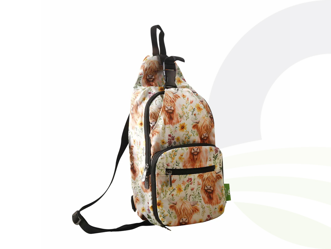 Beige Floral Highland Cow Crossbody Bag