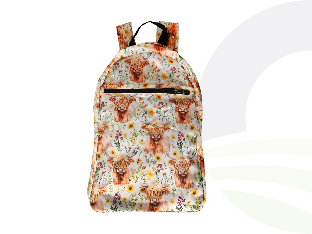 Beige Floral Highland Cow Backpack