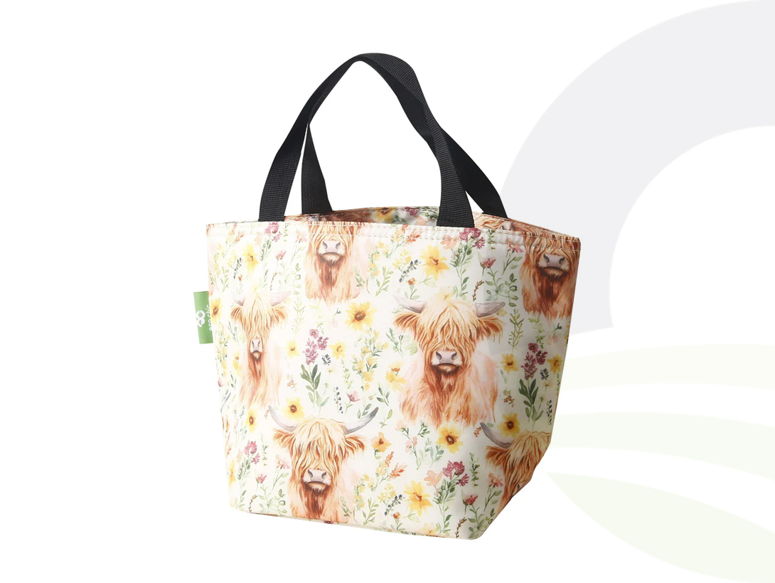 Beige Floral Highland Cow Lunch Bag
