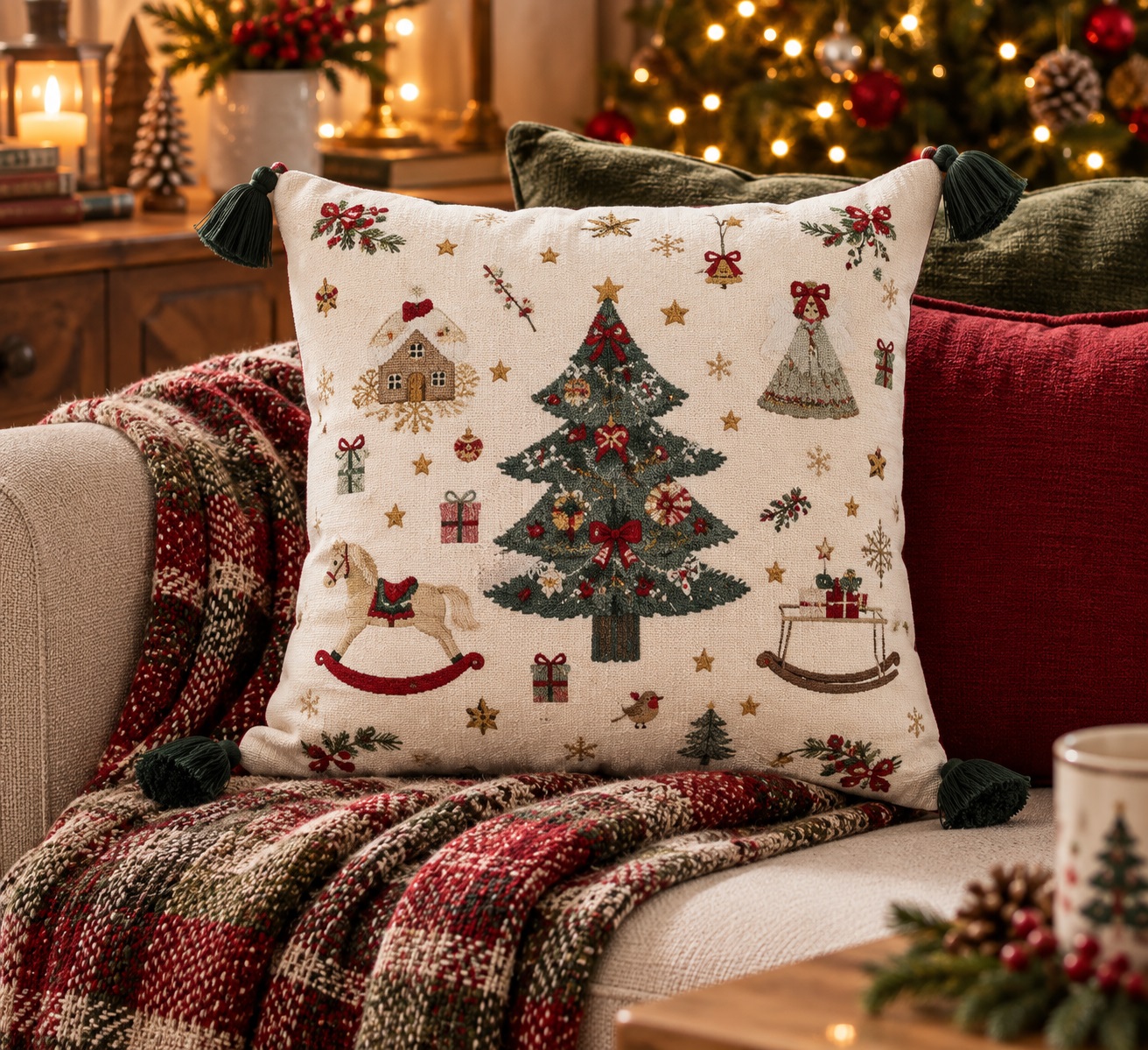 Embroidered Tree And Rocking Horse Cushion
