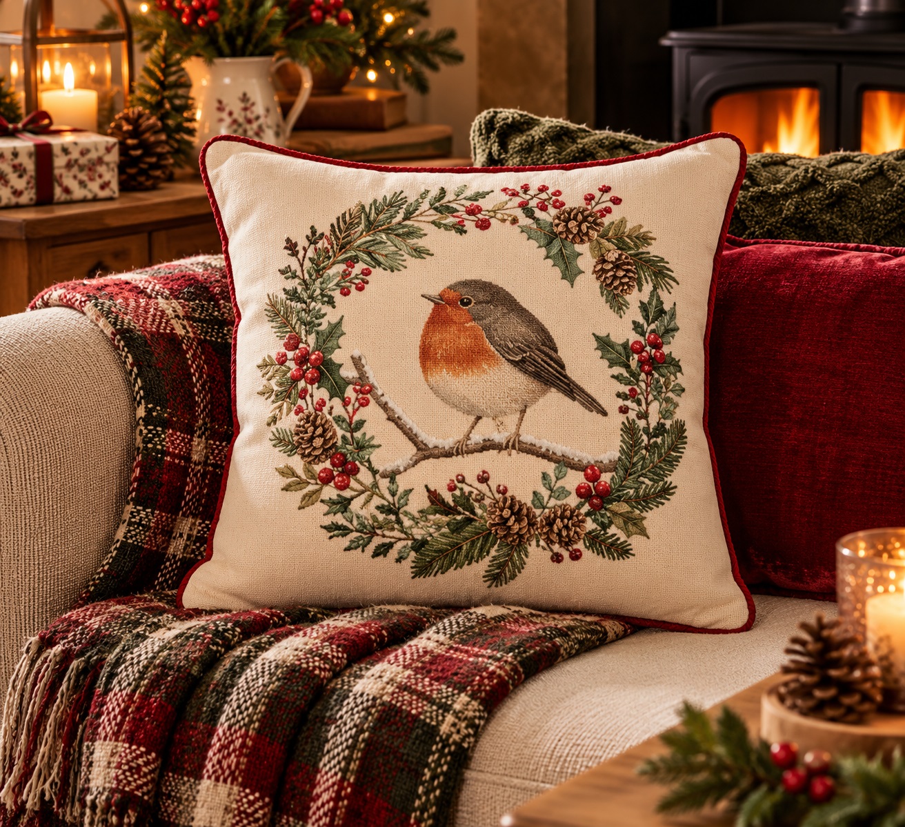 Robin And Wreath Cushion